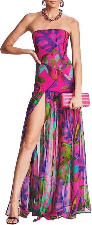 Women's Tube Top Slim Strapless Backless Mesh Patchwork Tropical Leopard Print High Slit Long Dress for Party Club Night