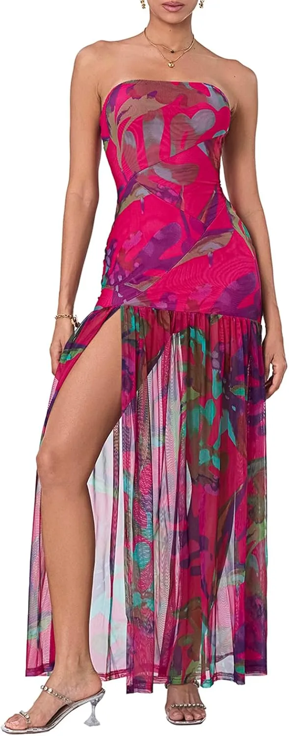 Women's Tube Top Slim Strapless Backless Mesh Patchwork Tropical Leopard Print High Slit Long Dress for Party Club Night