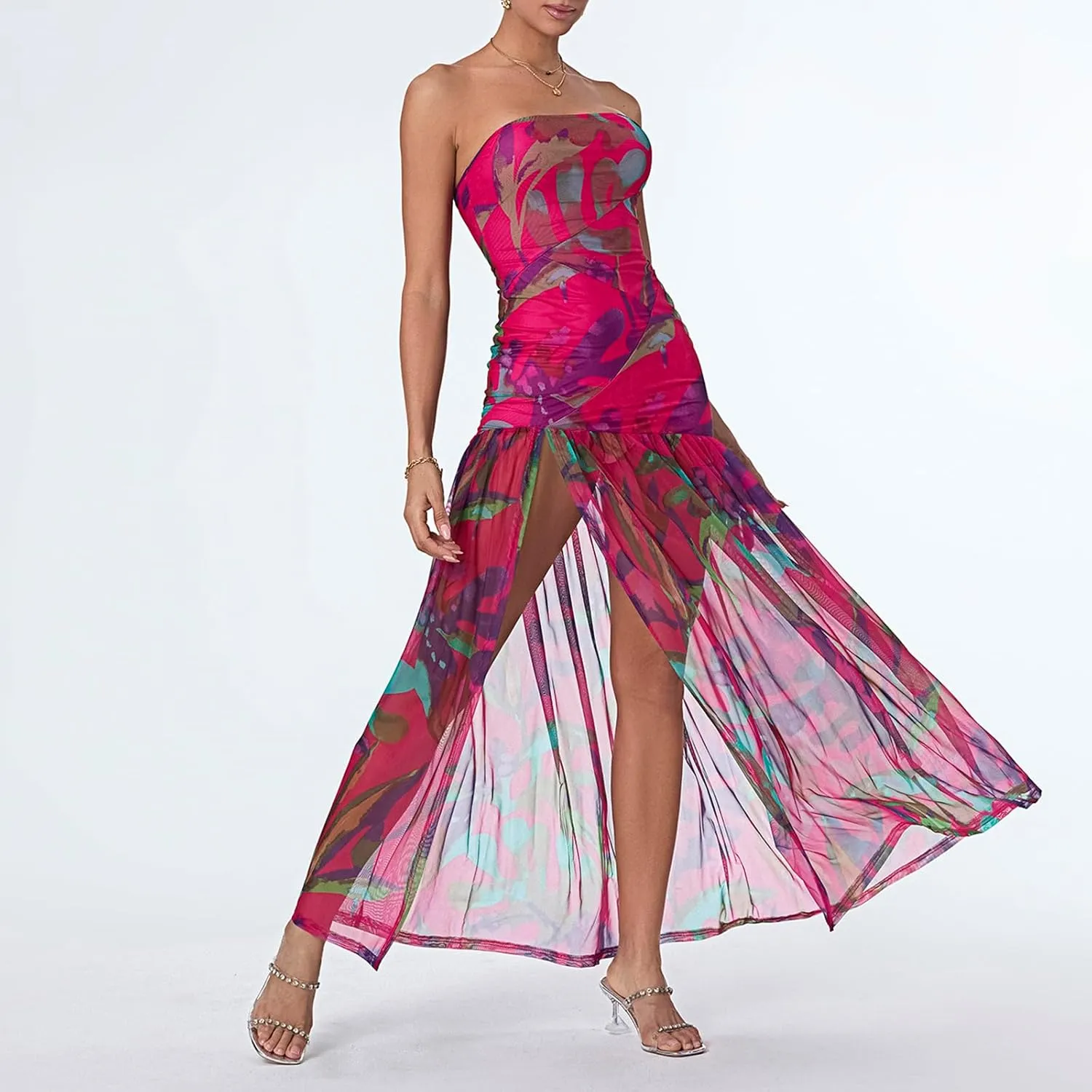 Women's Tube Top Slim Strapless Backless Mesh Patchwork Tropical Leopard Print High Slit Long Dress for Party Club Night