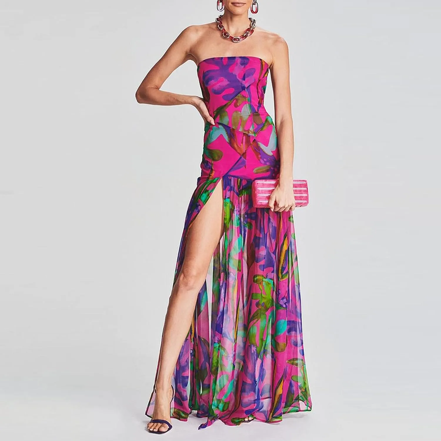 Women's Tube Top Slim Strapless Backless Mesh Patchwork Tropical Leopard Print High Slit Long Dress for Party Club Night