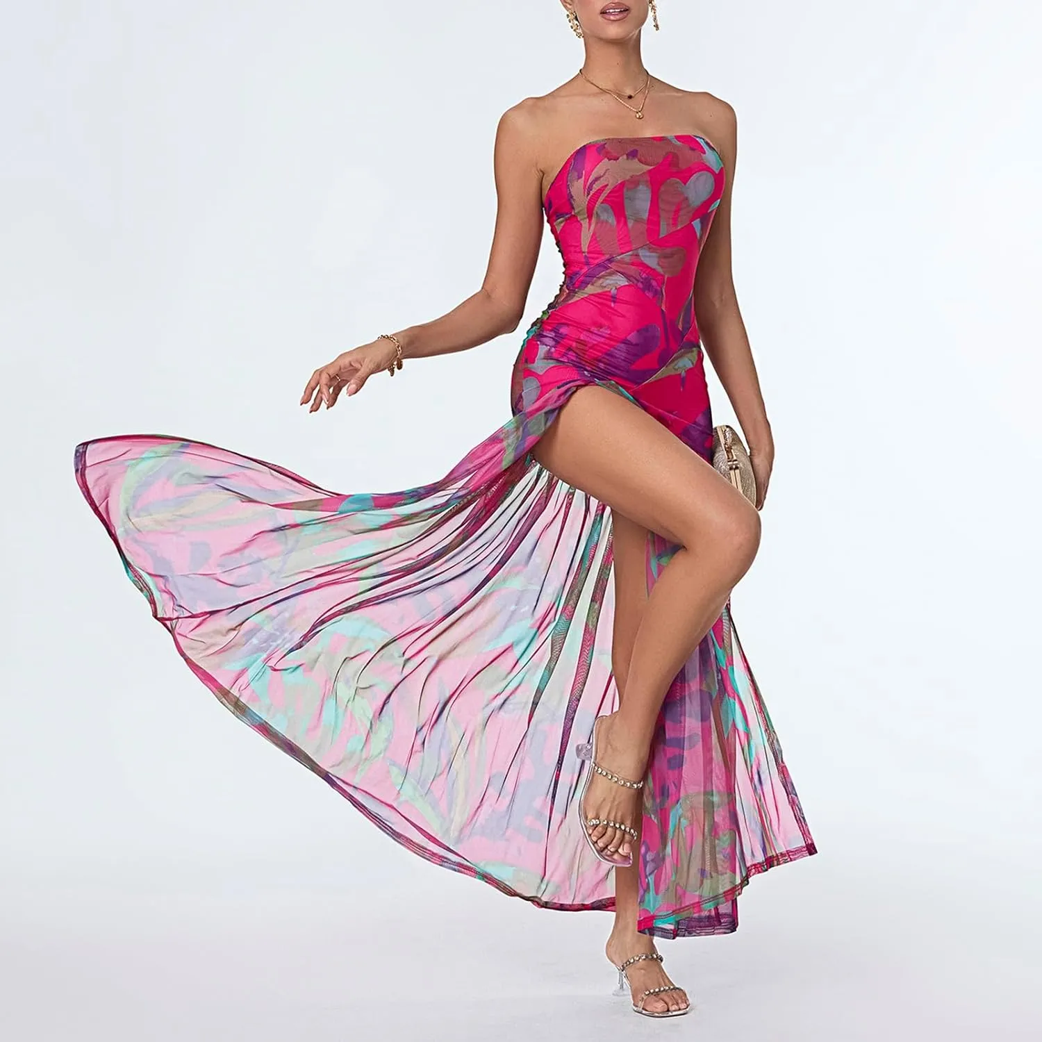 Women's Tube Top Slim Strapless Backless Mesh Patchwork Tropical Leopard Print High Slit Long Dress for Party Club Night