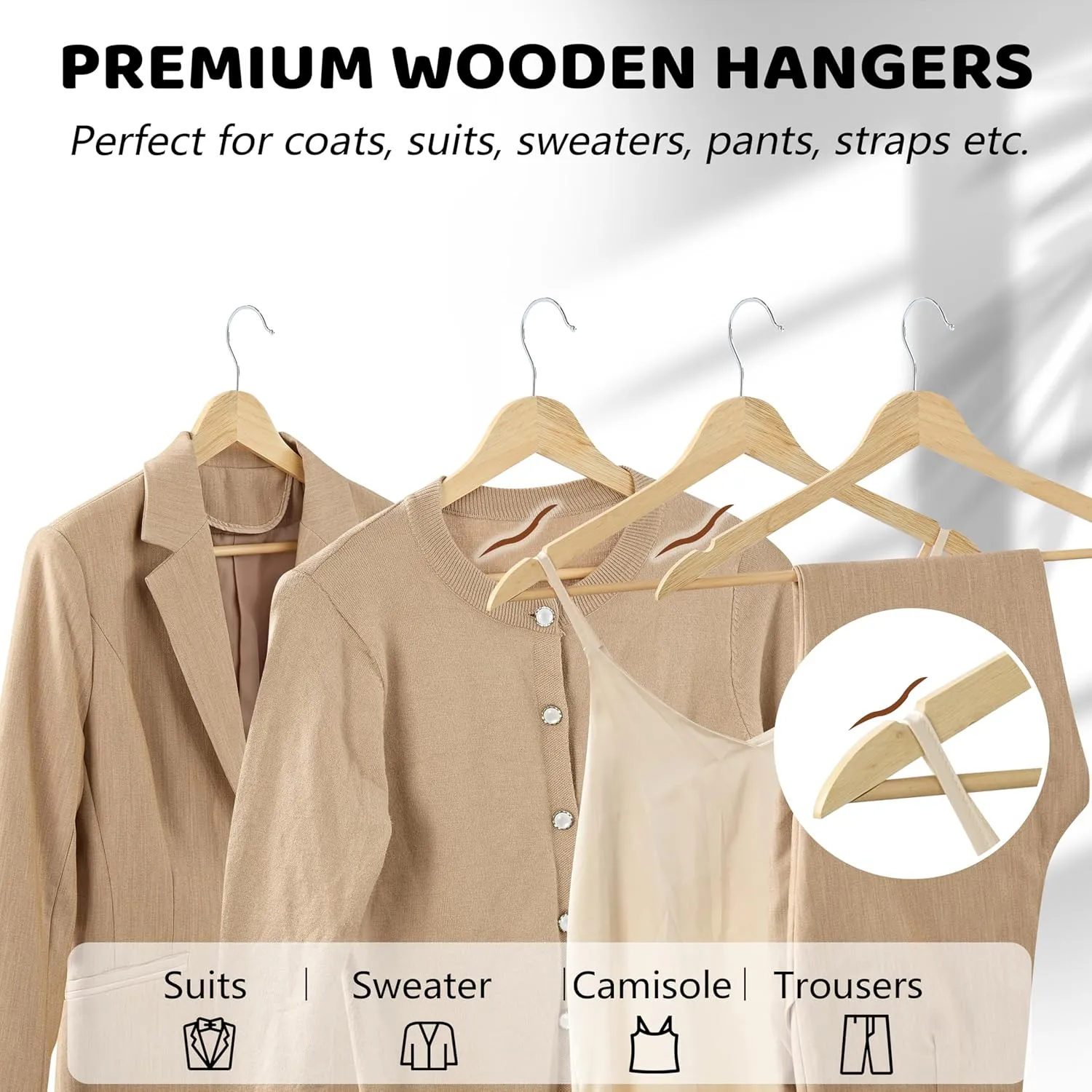 Wooden Hangers 20 Pack, Durable Wood Hangers with 360° Swivel Hook & Notches, Slim Coat Hanger Wooden for Closet, Natural