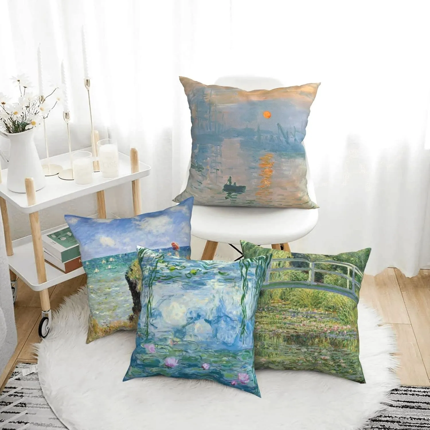 Worltoldb Claude Monet Throw Pillow Covers Set of 4 Decorative Soft Linen Fabric Boho Square Cushion Case for Room Bedroom Sofa Car 18x18