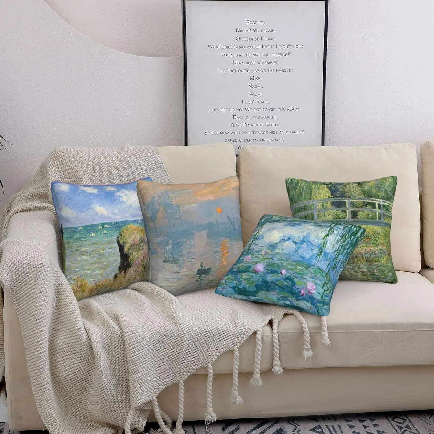 Worltoldb Claude Monet Throw Pillow Covers Set of 4 Decorative Soft Linen Fabric Boho Square Cushion Case for Room Bedroom Sofa Car 18x18