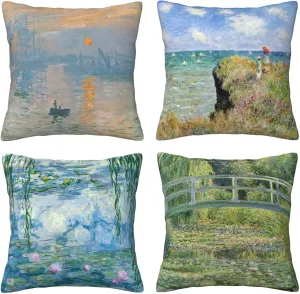 Worltoldb Claude Monet Throw Pillow Covers Set of 4 Decorative Soft Linen Fabric Boho Square Cushion Case for Room Bedroom Sofa Car 18x18