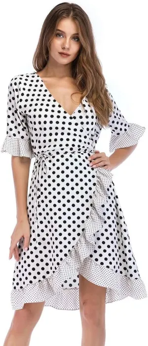 Wrap Dresses for Women 3/4 Sleeve Work Sexy Wrap Blouse White 3/4 Sleeve Wrap Dress