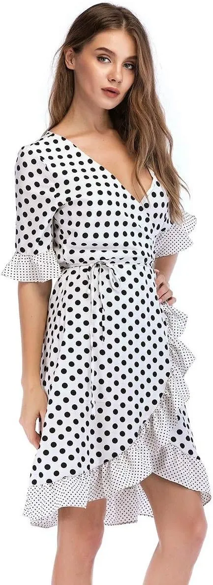 Wrap Dresses for Women 3/4 Sleeve Work Sexy Wrap Blouse White 3/4 Sleeve Wrap Dress