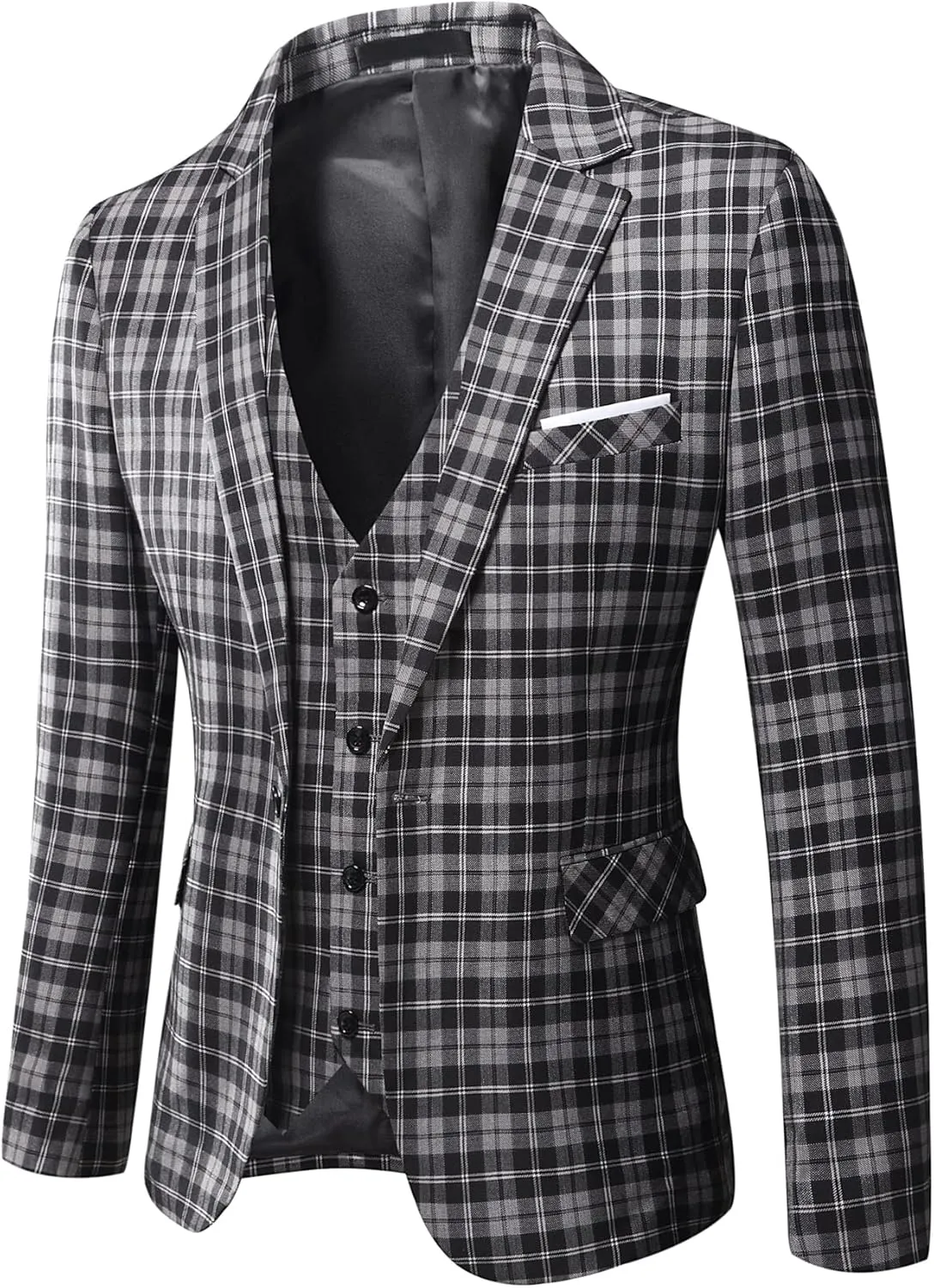 WULFUL Men’s Slim Fit Suit One Button 3-Piece Blazer Dress Business Wedding Party Jacket Vest & Pant