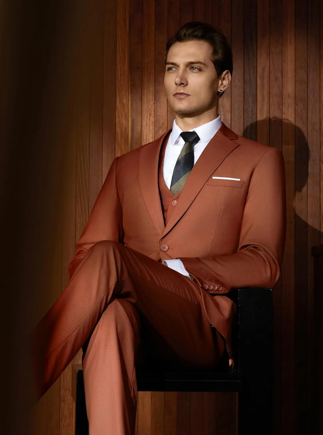 WULFUL Men’s Slim Fit Suit One Button 3-Piece Blazer Dress Business Wedding Party Jacket Vest & Pant