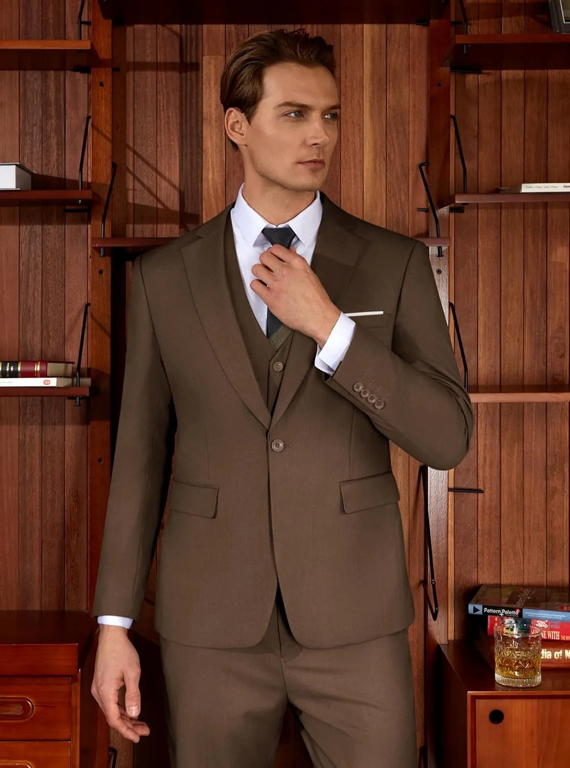 WULFUL Men’s Slim Fit Suit One Button 3-Piece Blazer Dress Business Wedding Party Jacket Vest & Pant