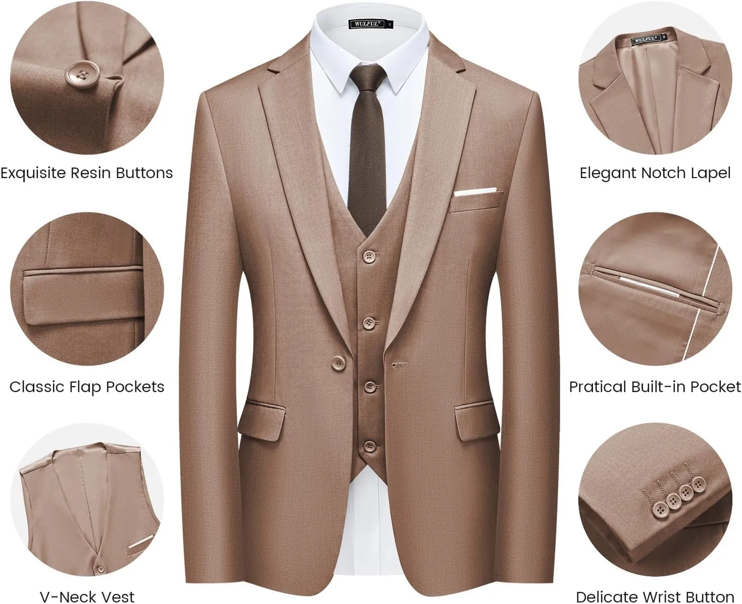WULFUL Men’s Slim Fit Suit One Button 3-Piece Blazer Dress Business Wedding Party Jacket Vest & Pant