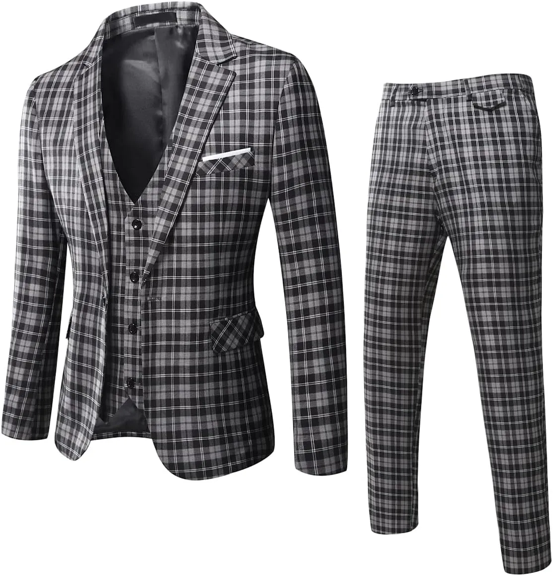 WULFUL Men’s Slim Fit Suit One Button 3-Piece Blazer Dress Business Wedding Party Jacket Vest & Pant