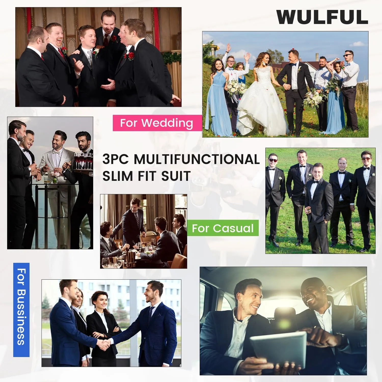 WULFUL Men’s Slim Fit Suit One Button 3-Piece Blazer Dress Business Wedding Party Jacket Vest & Pant