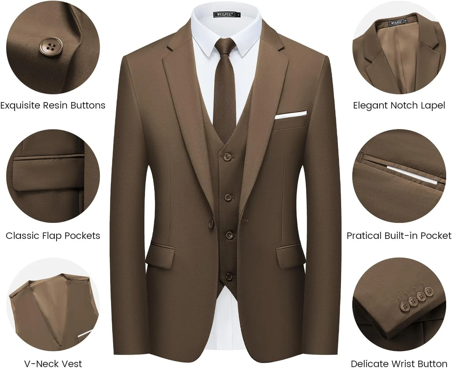 WULFUL Men’s Slim Fit Suit One Button 3-Piece Blazer Dress Business Wedding Party Jacket Vest & Pant
