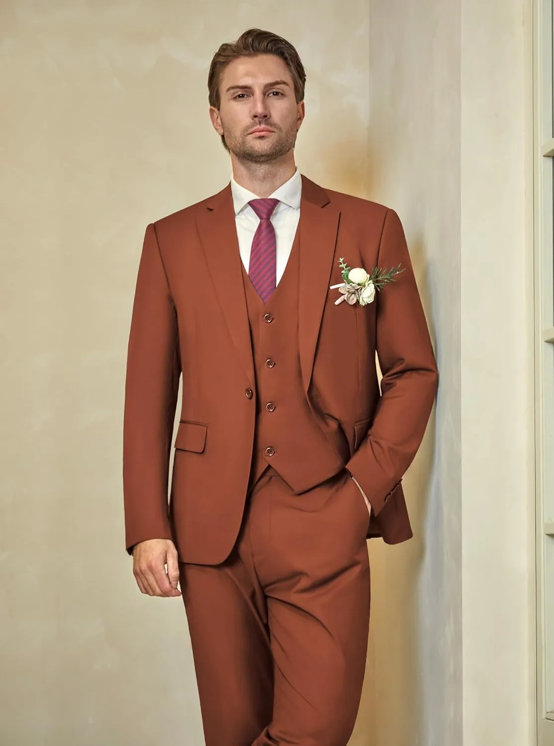 WULFUL Men’s Slim Fit Suit One Button 3-Piece Blazer Dress Business Wedding Party Jacket Vest & Pant