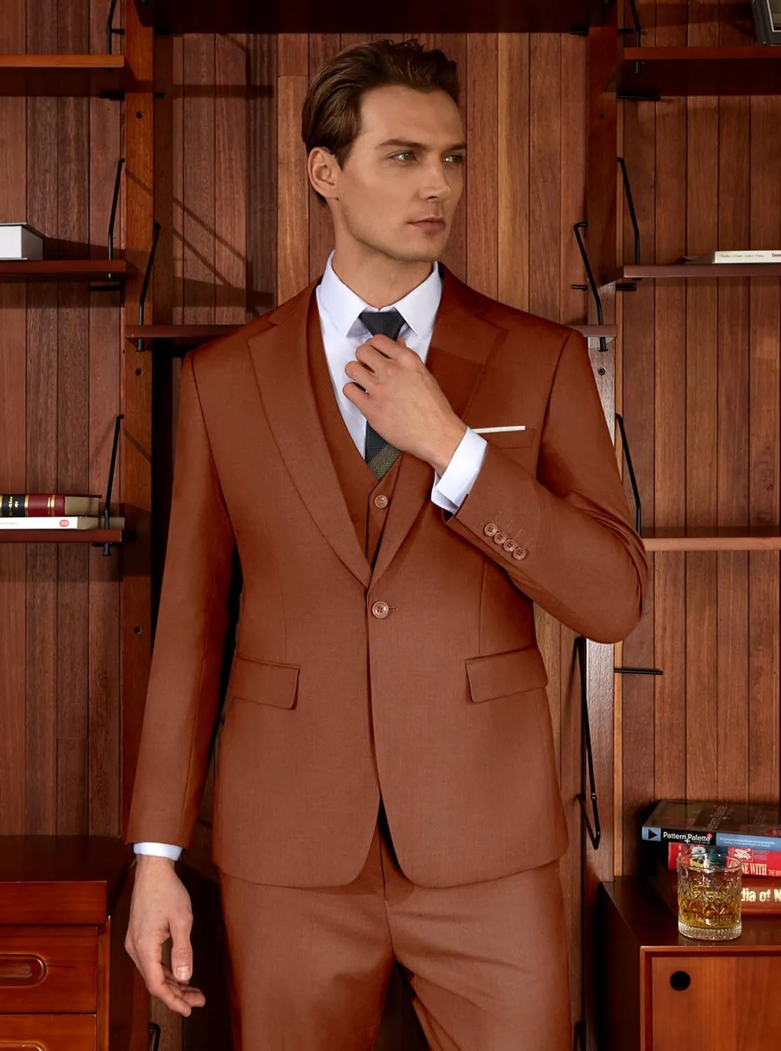 WULFUL Men’s Slim Fit Suit One Button 3-Piece Blazer Dress Business Wedding Party Jacket Vest & Pant