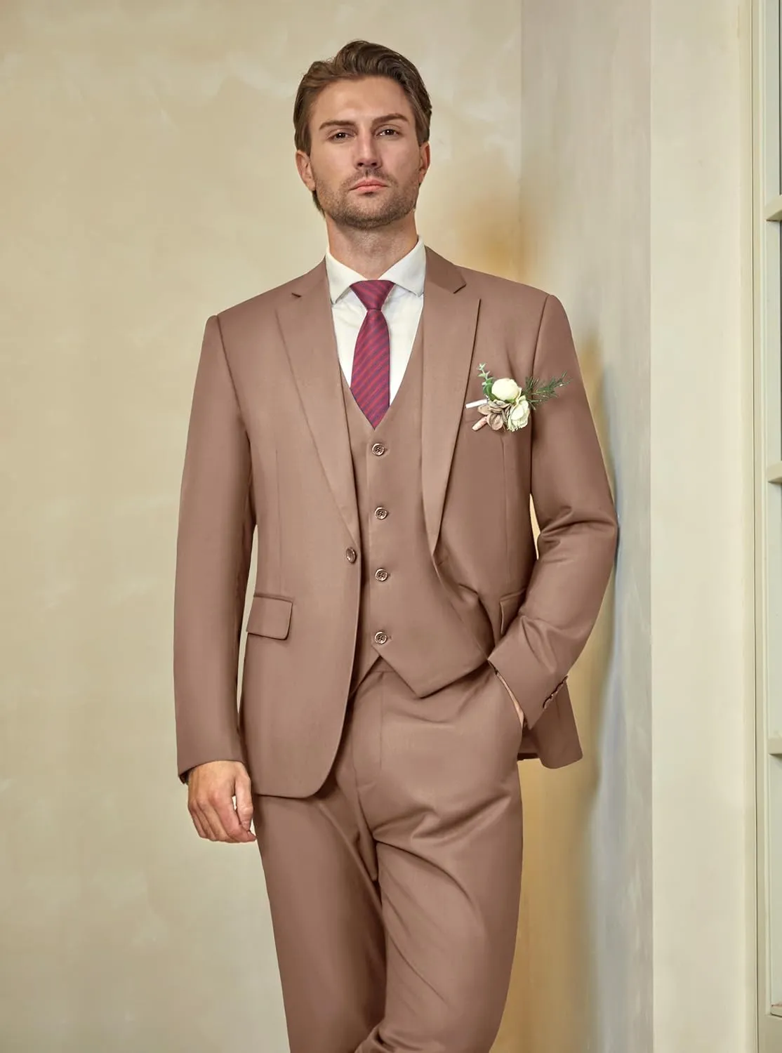 WULFUL Men’s Slim Fit Suit One Button 3-Piece Blazer Dress Business Wedding Party Jacket Vest & Pant