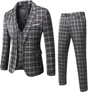 WULFUL Men’s Slim Fit Suit One Button 3-Piece Blazer Dress Business Wedding Party Jacket Vest & Pant