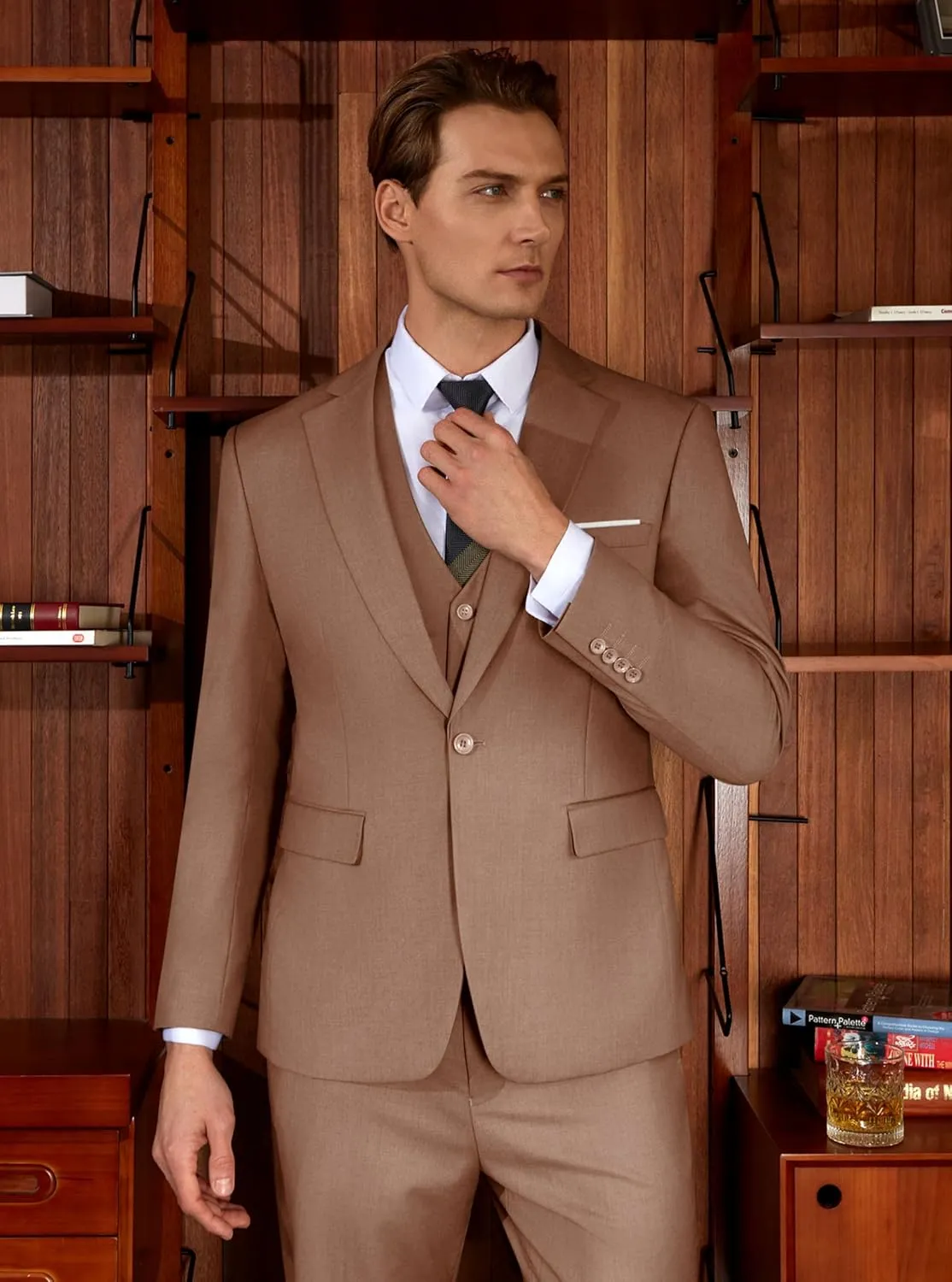 WULFUL Men’s Slim Fit Suit One Button 3-Piece Blazer Dress Business Wedding Party Jacket Vest & Pant
