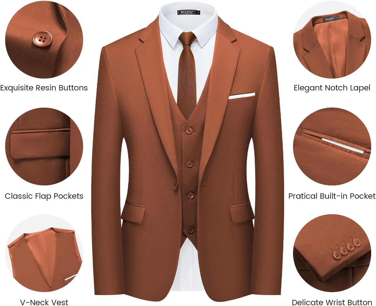 WULFUL Men’s Slim Fit Suit One Button 3-Piece Blazer Dress Business Wedding Party Jacket Vest & Pant