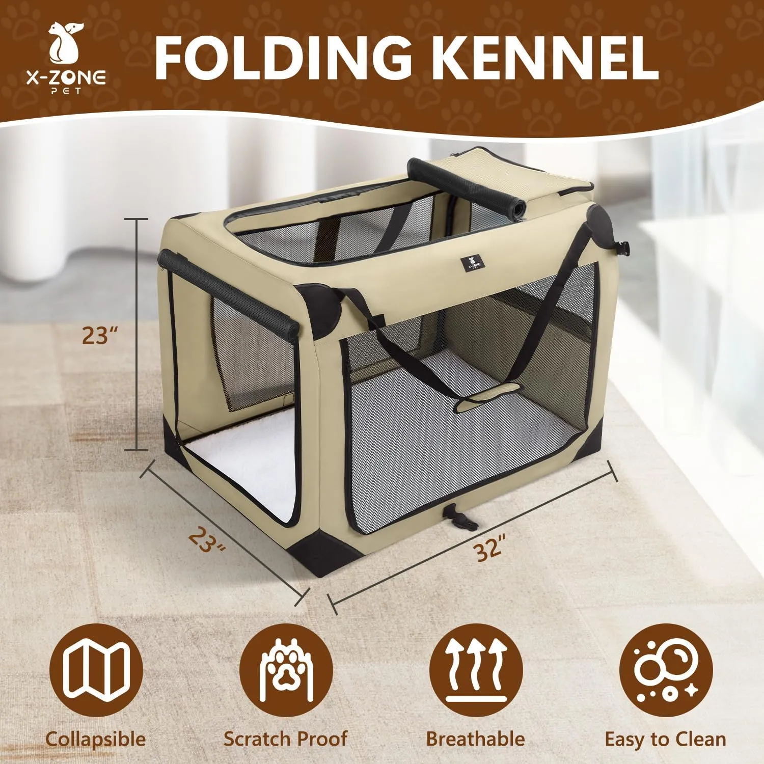 X-ZONE PET Dog Crate 3-Door Kennel, Collapsible Portable Soft Sided Pet Carriers for Indoor & Outdoor, Multiple (32-Inch, Rice White)