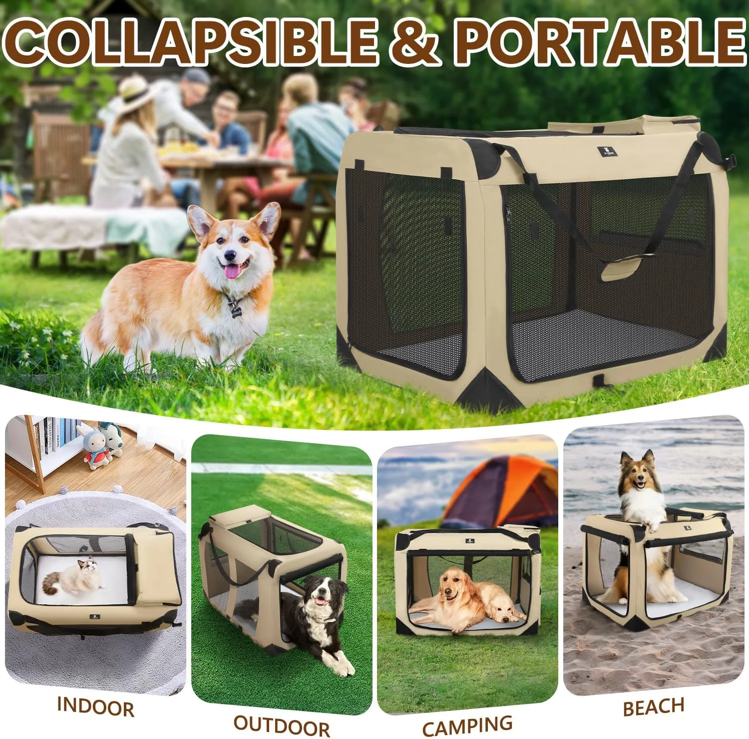 X-ZONE PET Dog Crate 3-Door Kennel, Collapsible Portable Soft Sided Pet Carriers for Indoor & Outdoor, Multiple (32-Inch, Rice White)