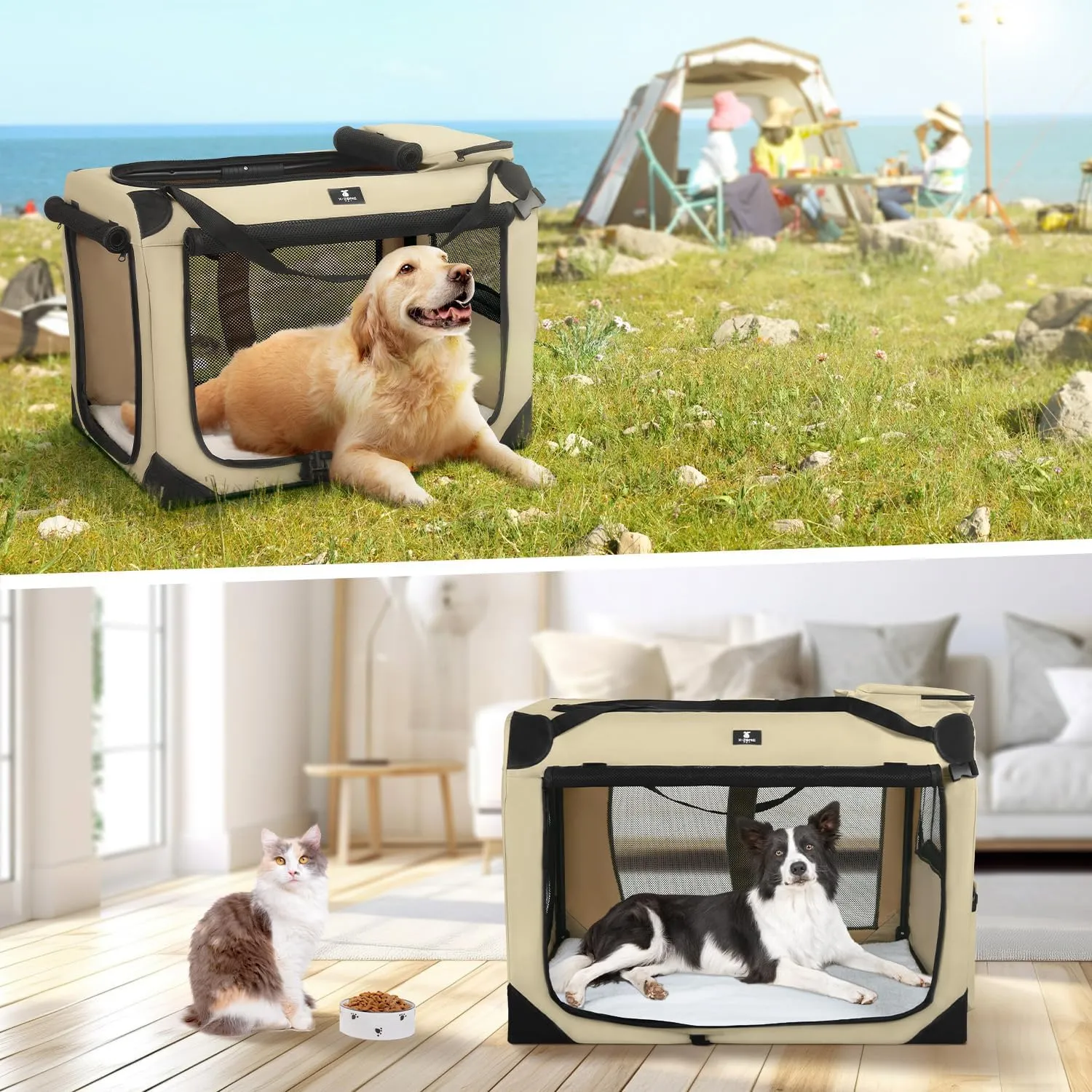 X-ZONE PET Dog Crate 3-Door Kennel, Collapsible Portable Soft Sided Pet Carriers for Indoor & Outdoor, Multiple (32-Inch, Rice White)