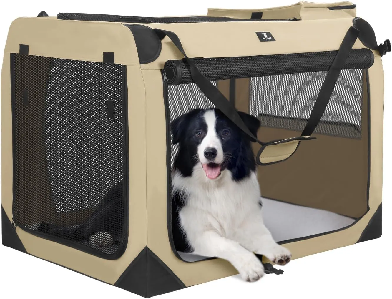 X-ZONE PET Dog Crate 3-Door Kennel, Collapsible Portable Soft Sided Pet Carriers for Indoor & Outdoor, Multiple (32-Inch, Rice White)