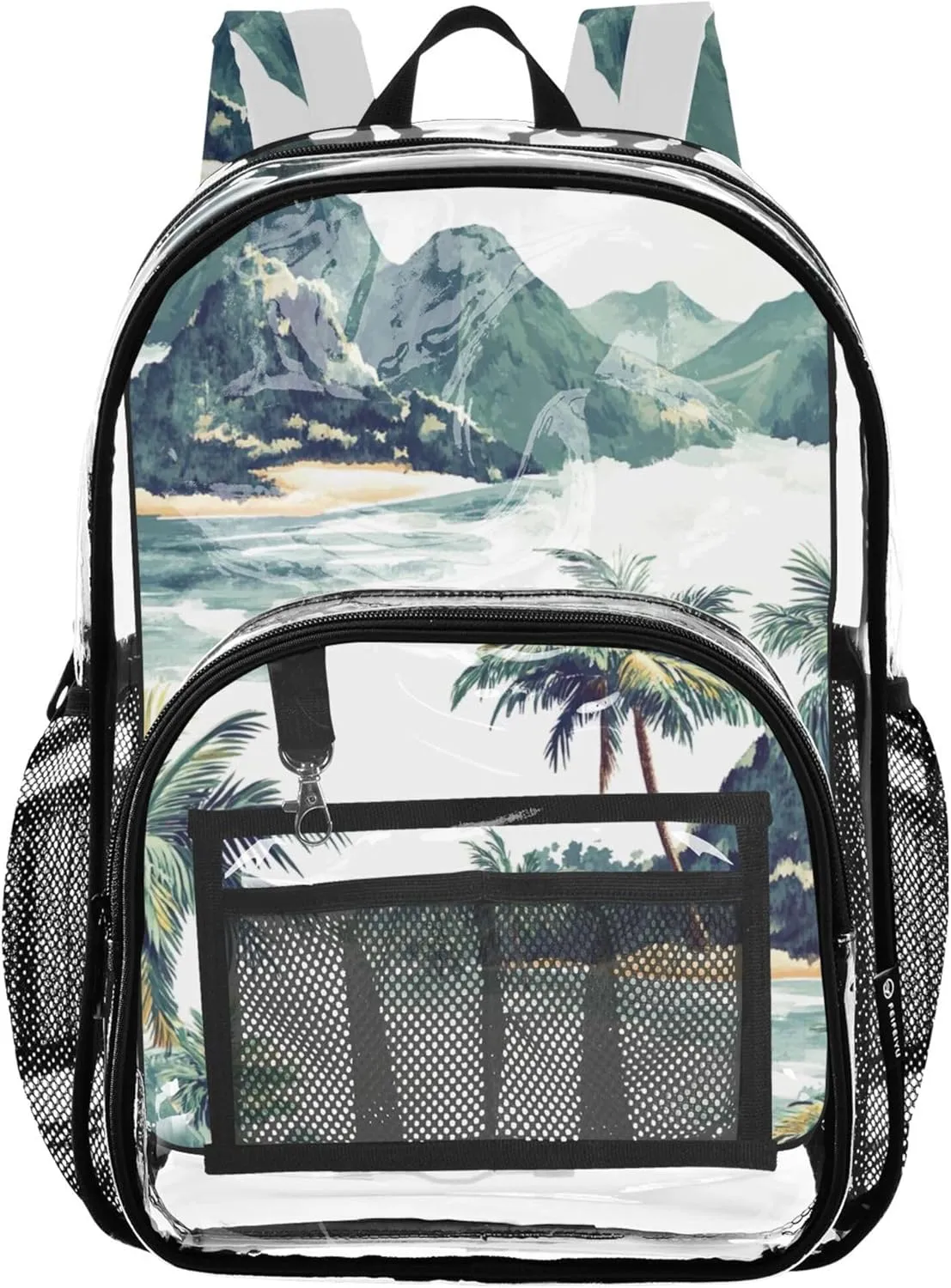 xigua Hawaiian Coastline Clear Backpack for School, Heavy Duty Transparent Water-Resistant Kids Bookbag with Padded Straps for Boys Girls