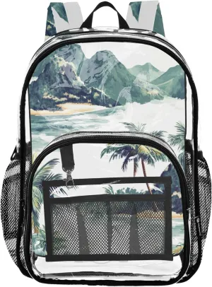 xigua Hawaiian Coastline Clear Backpack for School, Heavy Duty Transparent Water-Resistant Kids Bookbag with Padded Straps for Boys Girls