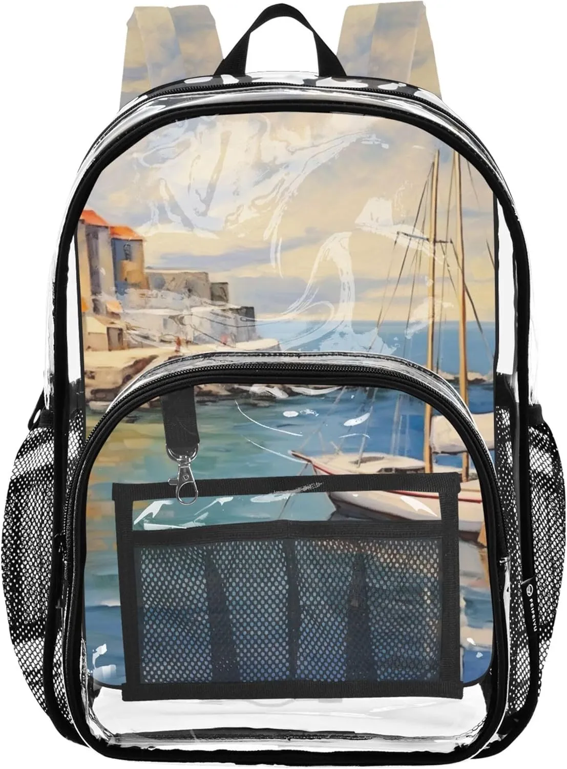 xigua Seaport Clear Backpack for School, Heavy Duty Transparent Water-Resistant Kids Bookbag with Padded Straps for Boys Girls