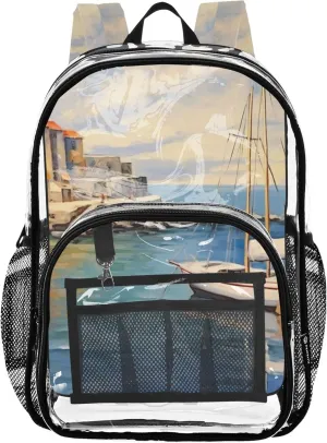 xigua Seaport Clear Backpack for School, Heavy Duty Transparent Water-Resistant Kids Bookbag with Padded Straps for Boys Girls