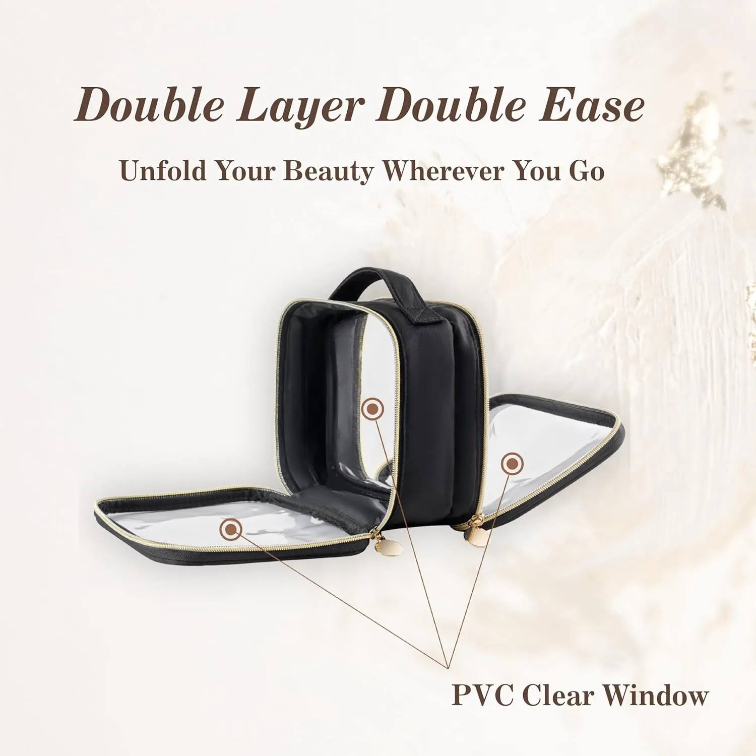Yarnic Travel Makeup Bag Set, TSA Approved Toiletry Bag Clear Double Layer with Handle, Small Makeup Bag for Purse, Travel Essentials for Women, Black