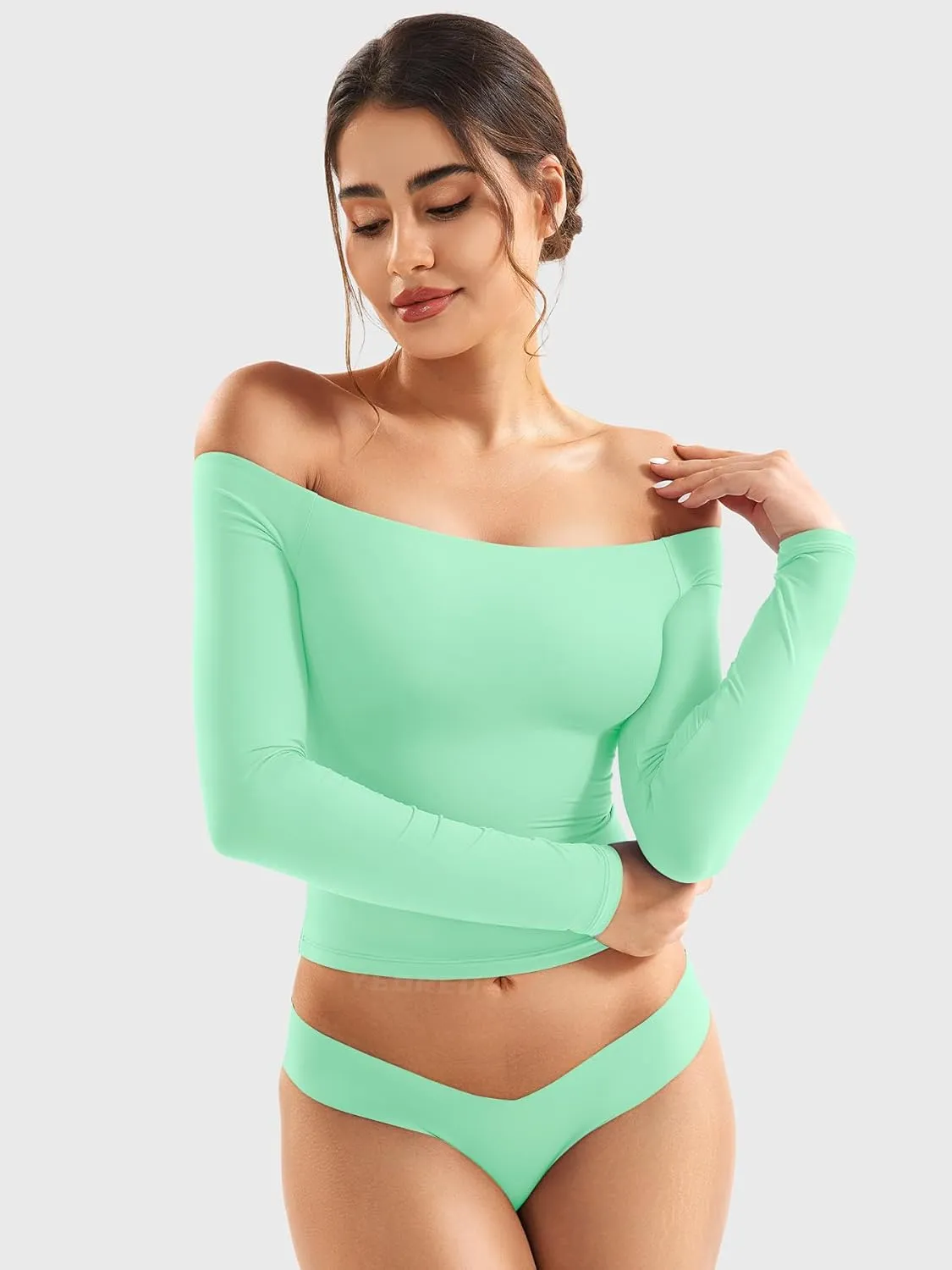 YEOREO Sophie Women Off Shoulder Long Sleeve Shirts Double Lined Basic Undershirt Y2K Going Out Tops