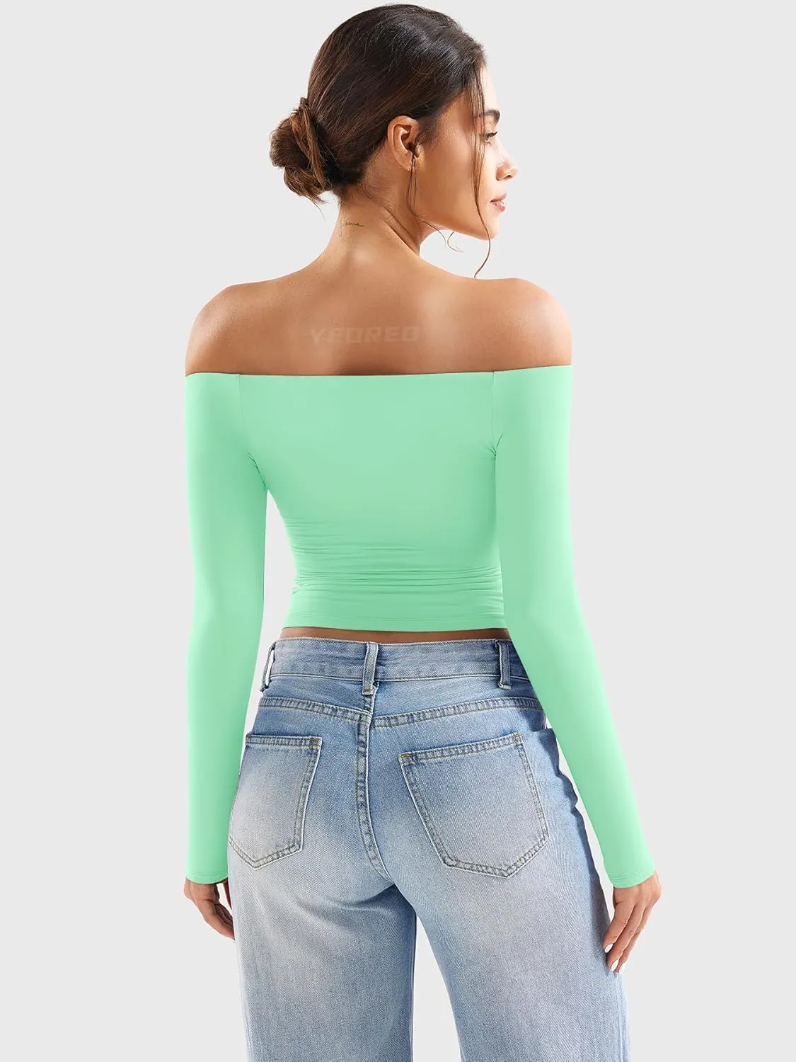 YEOREO Sophie Women Off Shoulder Long Sleeve Shirts Double Lined Basic Undershirt Y2K Going Out Tops