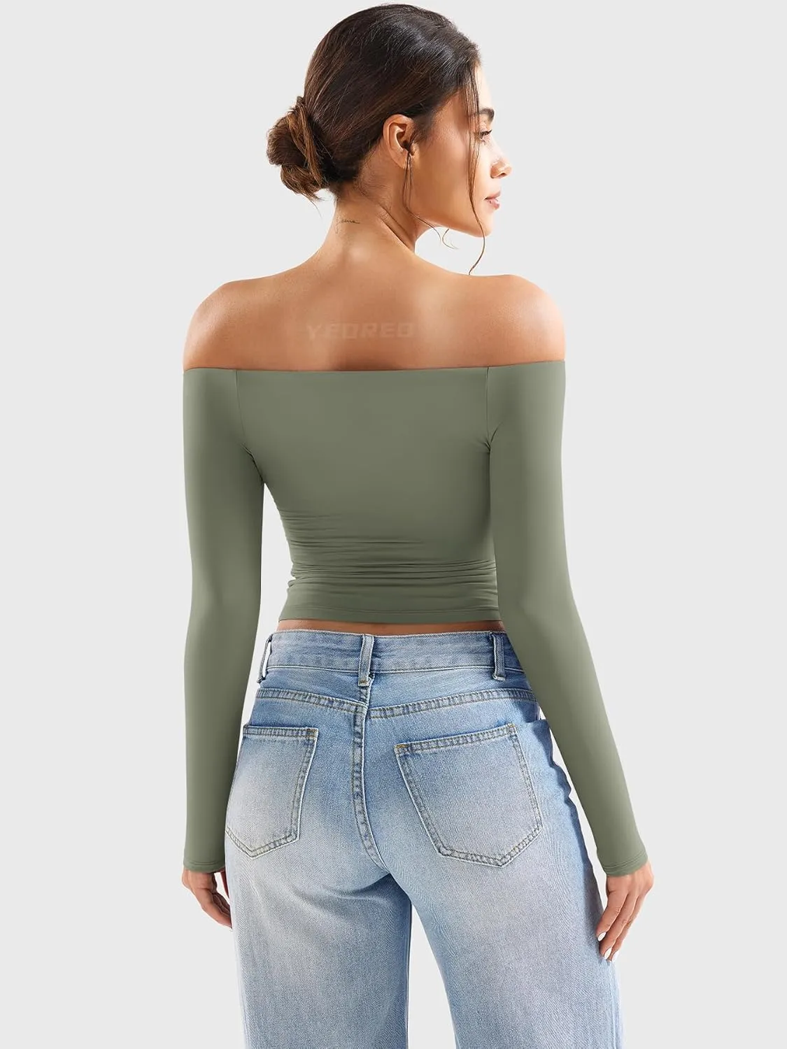 YEOREO Sophie Women Off Shoulder Long Sleeve Shirts Double Lined Basic Undershirt Y2K Going Out Tops
