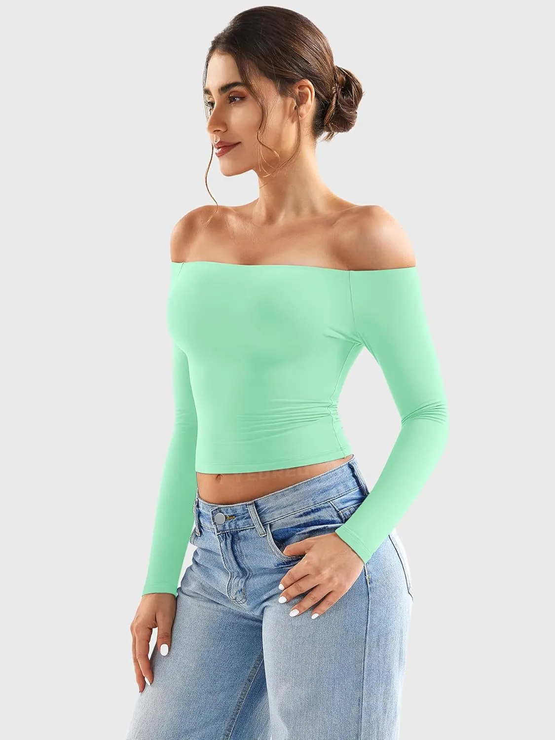 YEOREO Sophie Women Off Shoulder Long Sleeve Shirts Double Lined Basic Undershirt Y2K Going Out Tops