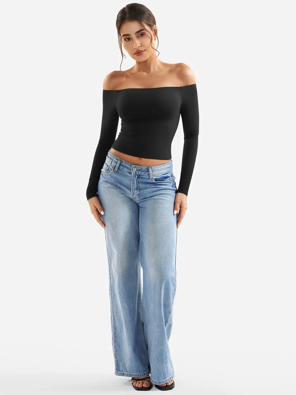YEOREO Sophie Women Off Shoulder Long Sleeve Shirts Double Lined Basic Undershirt Y2K Going Out Tops