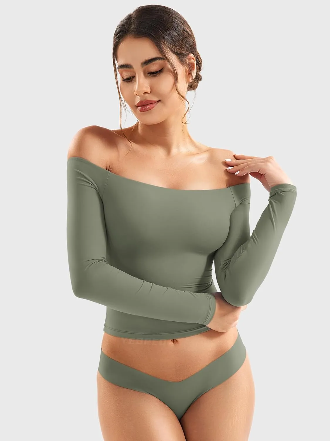 YEOREO Sophie Women Off Shoulder Long Sleeve Shirts Double Lined Basic Undershirt Y2K Going Out Tops