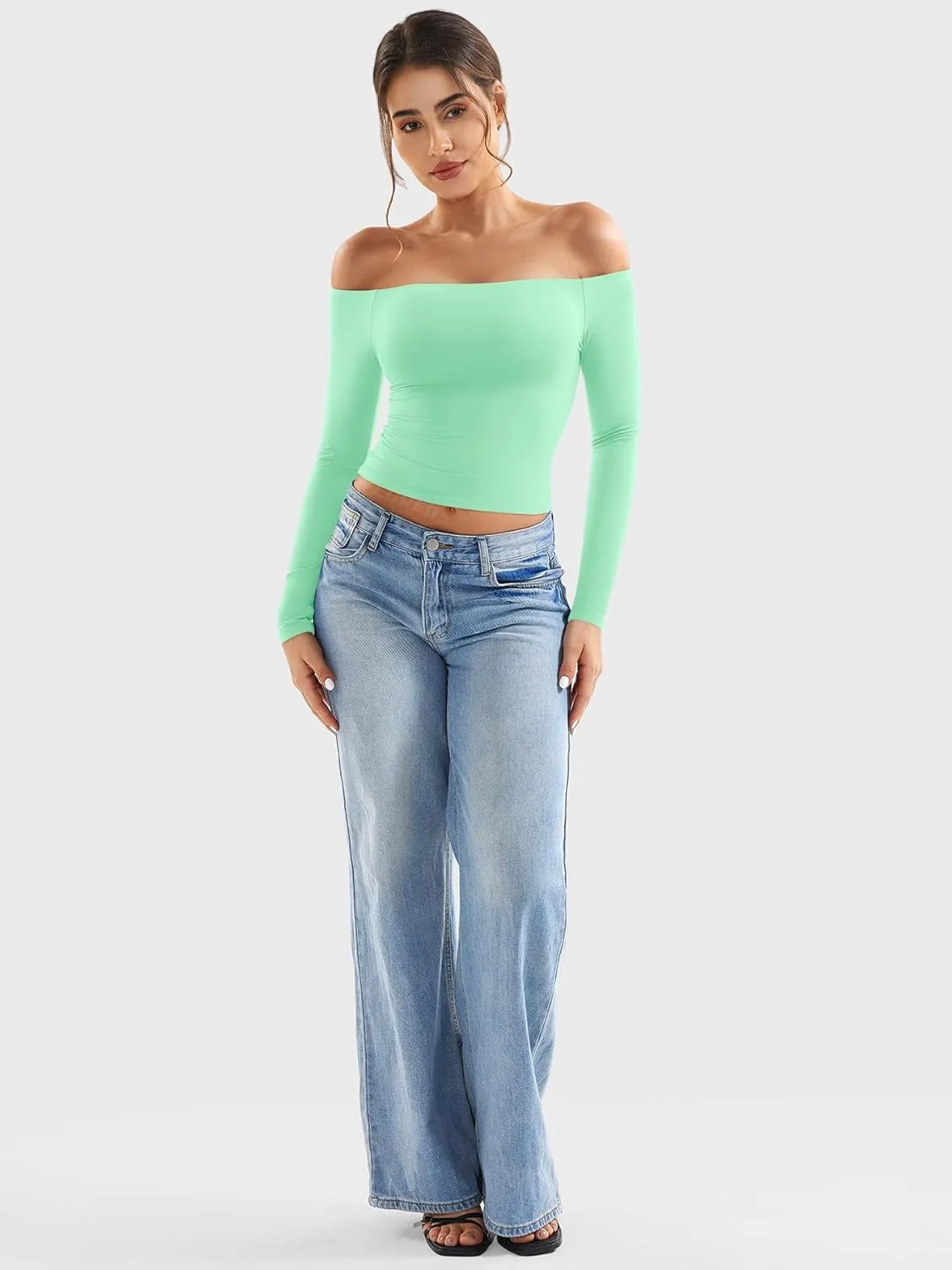 YEOREO Sophie Women Off Shoulder Long Sleeve Shirts Double Lined Basic Undershirt Y2K Going Out Tops