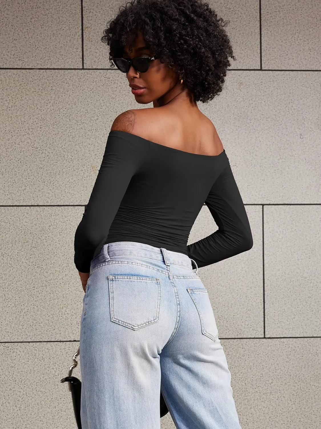 YEOREO Sophie Women Off Shoulder Long Sleeve Shirts Double Lined Basic Undershirt Y2K Going Out Tops
