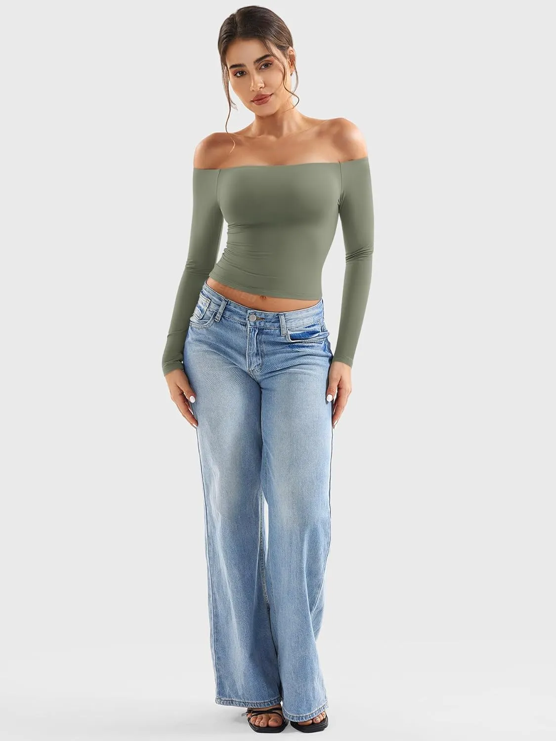 YEOREO Sophie Women Off Shoulder Long Sleeve Shirts Double Lined Basic Undershirt Y2K Going Out Tops