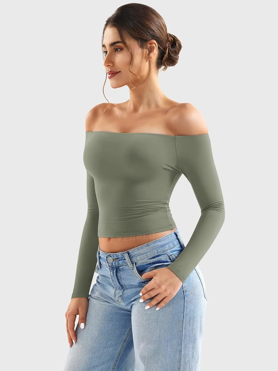 YEOREO Sophie Women Off Shoulder Long Sleeve Shirts Double Lined Basic Undershirt Y2K Going Out Tops
