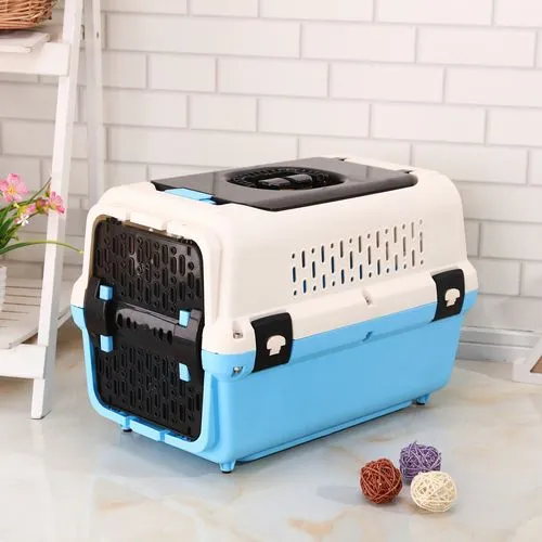 YES4PETS - Dog Cat Crate Pet Rabbit Carrier Travel Cage With Tray & Window - Blue - Medium