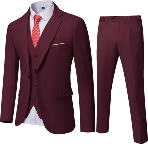 YND Men's Slim Fit 3 Piece Suit, One Button Solid Jacket Vest Pants Set with Tie