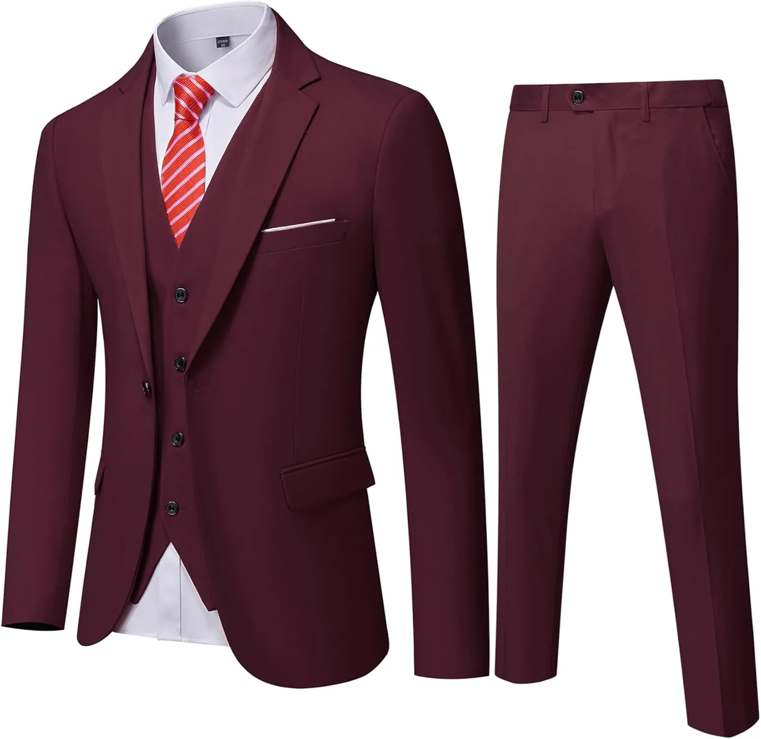 YND Men's Slim Fit 3 Piece Suit, One Button Solid Jacket Vest Pants Set with Tie