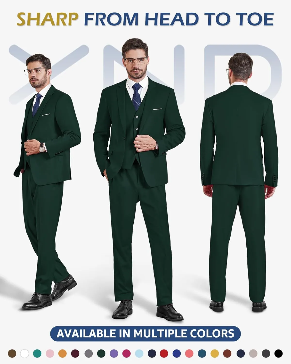 YND Men's Slim Fit 3 Piece Suit, One Button Solid Jacket Vest Pants Set with Tie