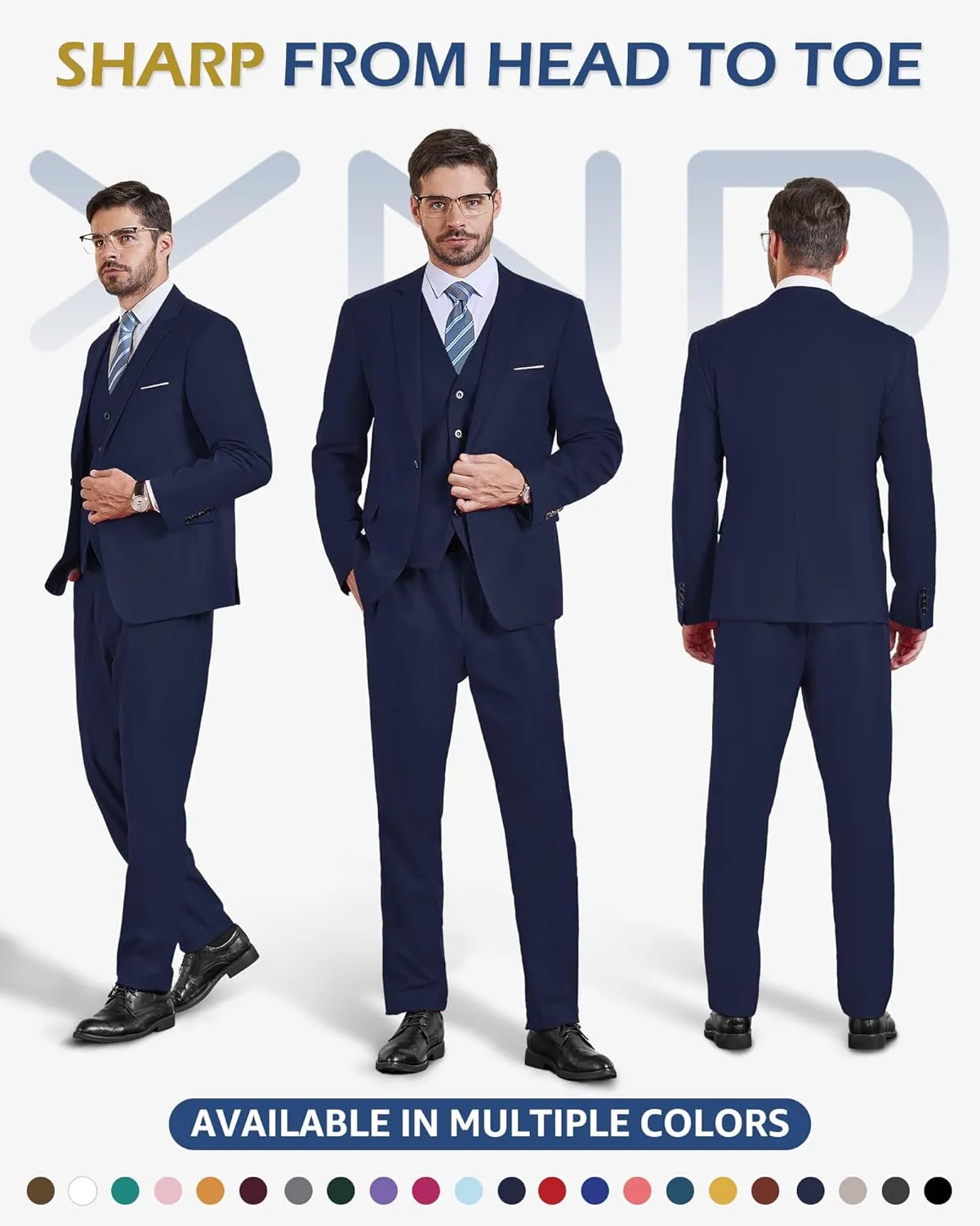 YND Men's Slim Fit 3 Piece Suit, One Button Solid Jacket Vest Pants Set with Tie