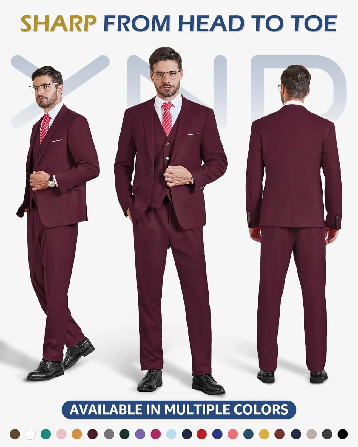 YND Men's Slim Fit 3 Piece Suit, One Button Solid Jacket Vest Pants Set with Tie