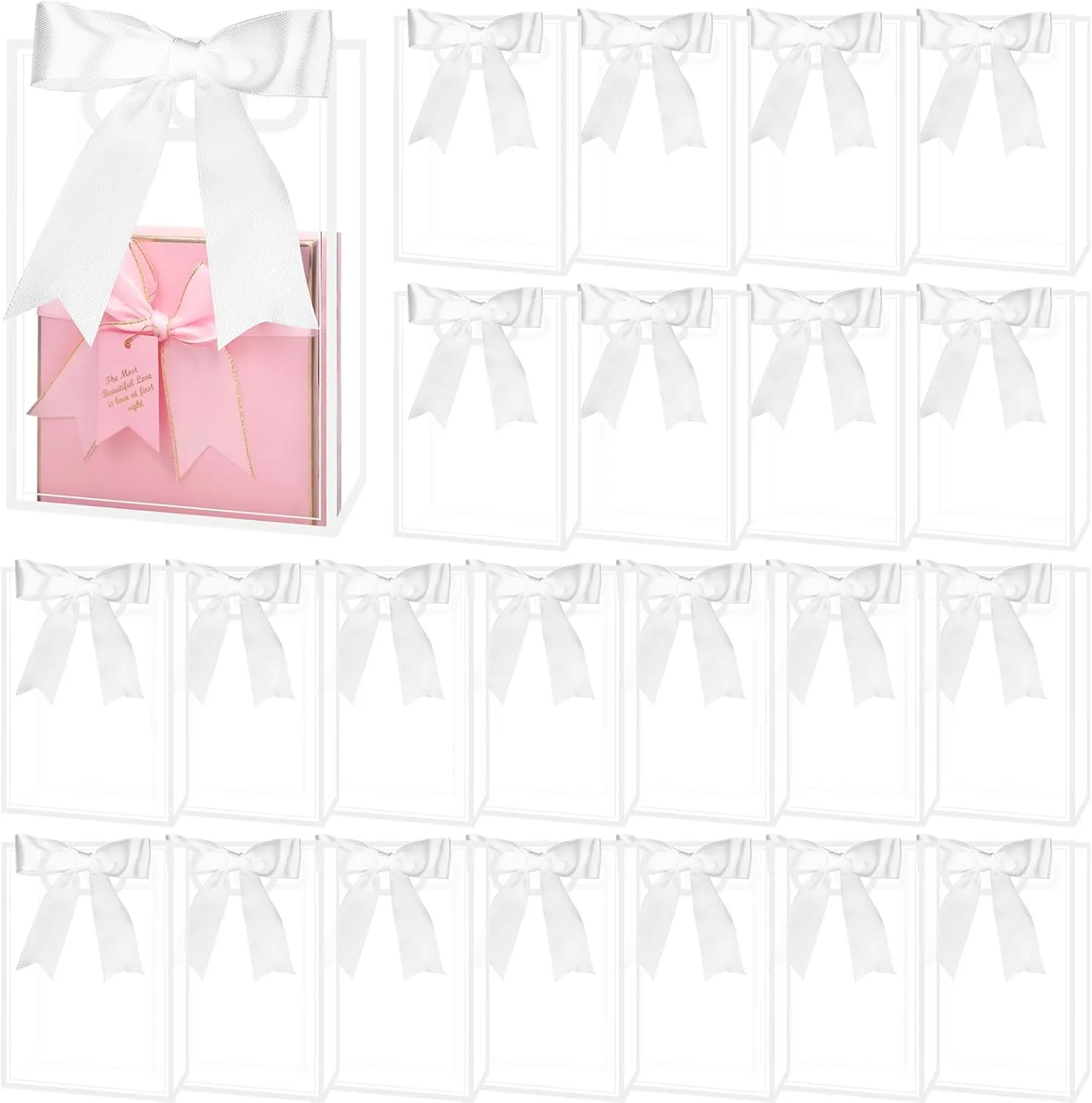 Youdaju 24 Pcs Clear Plastic Gift Bag with Die Cut Handles Reusable Bag Transparent PVC Gift Bag Party Favor Bags with Ribbon for Wedding Bridal Party Baby Shower Birthday Christmas (7x10x3.1 White)